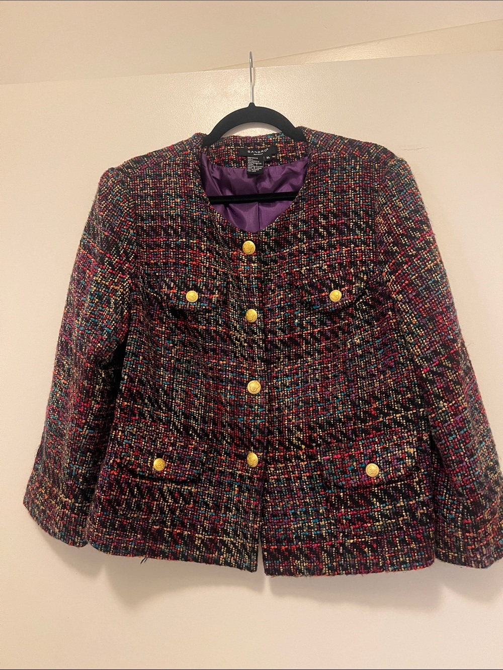 Sandro Multicolor Tweed Blazer with Gold Buttons